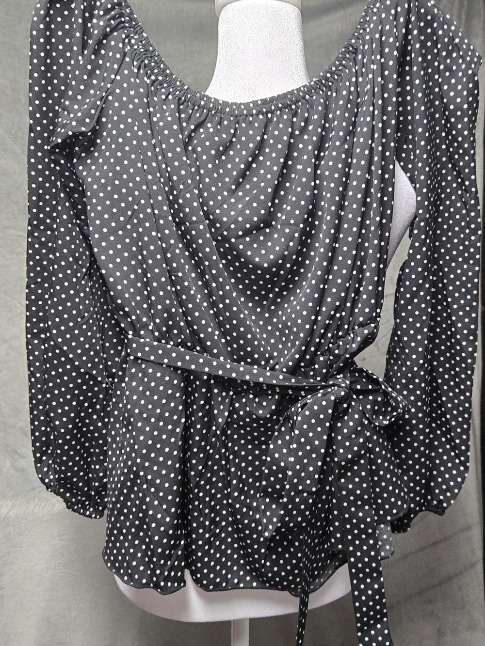 SHEIN Black and White Polka Dot Long-Sleeve Peplum Blouse with Waist Tie